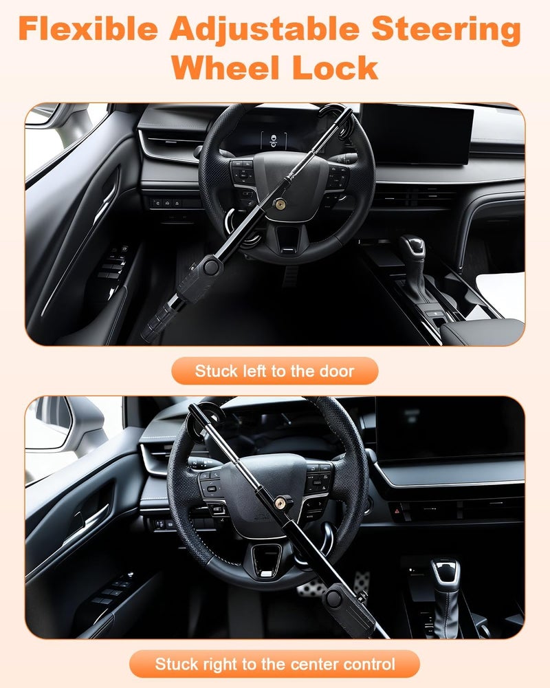 ELECTOP Black Steering Wheel Lock with 113dB Car Alarm Anti-Theft Device Double Hook Car Lock with Adjustable Locking & 2 Keys, Car Alarm System with Motion Sensor for Vehicle Truck Van SUV - Image 3